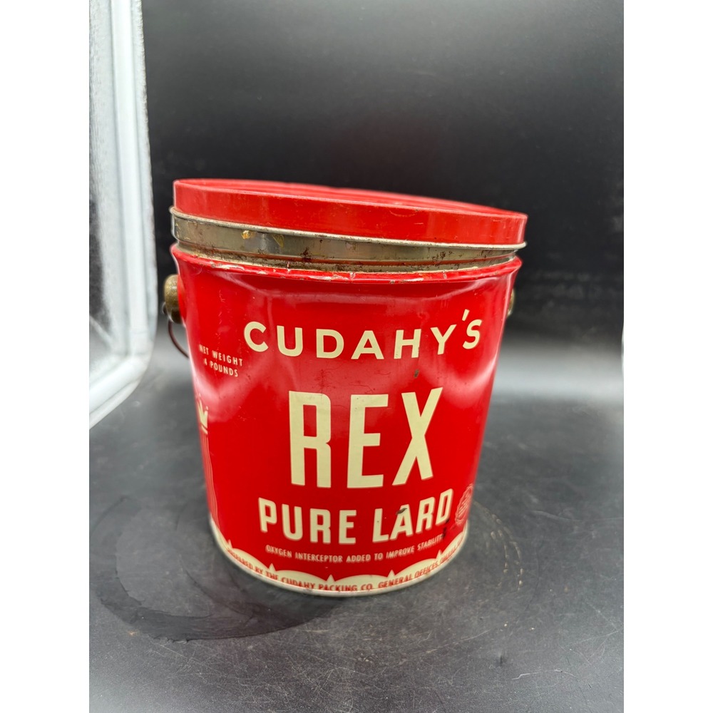 Vintage‎ Cudahy's Rex Pure Lard 4lb Tin Pail Red Advertising Can with Handle Lid